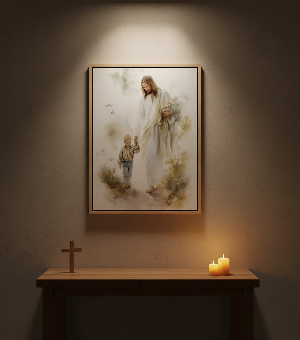 Jesus in White Robe Holding a Boy’s Hand – Christian Wall Art