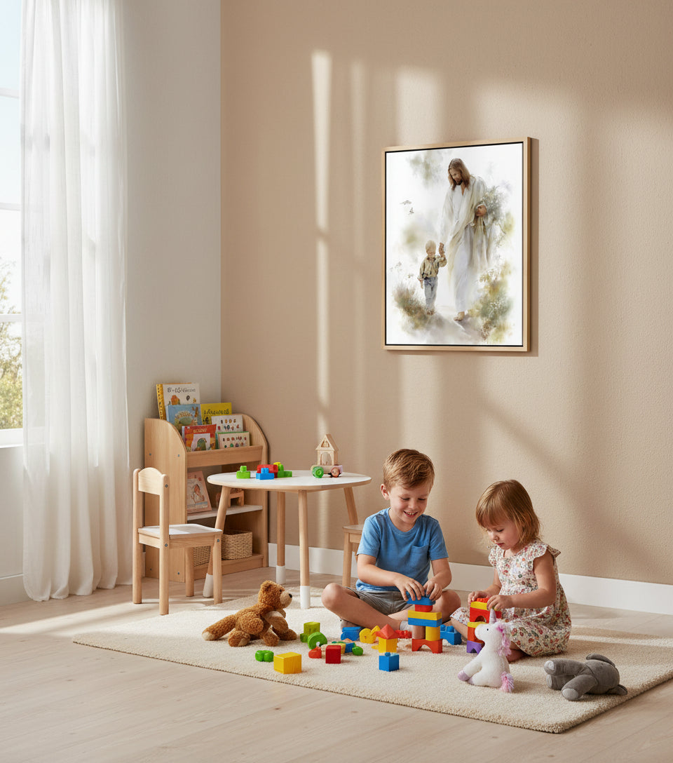 Jesus in White Robe Holding a Boy’s Hand – Christian Wall Art