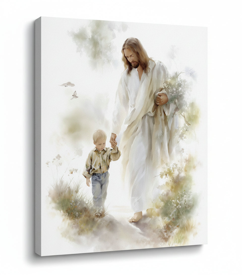 Jesus in White Robe Holding a Boy’s Hand – Christian Wall Art