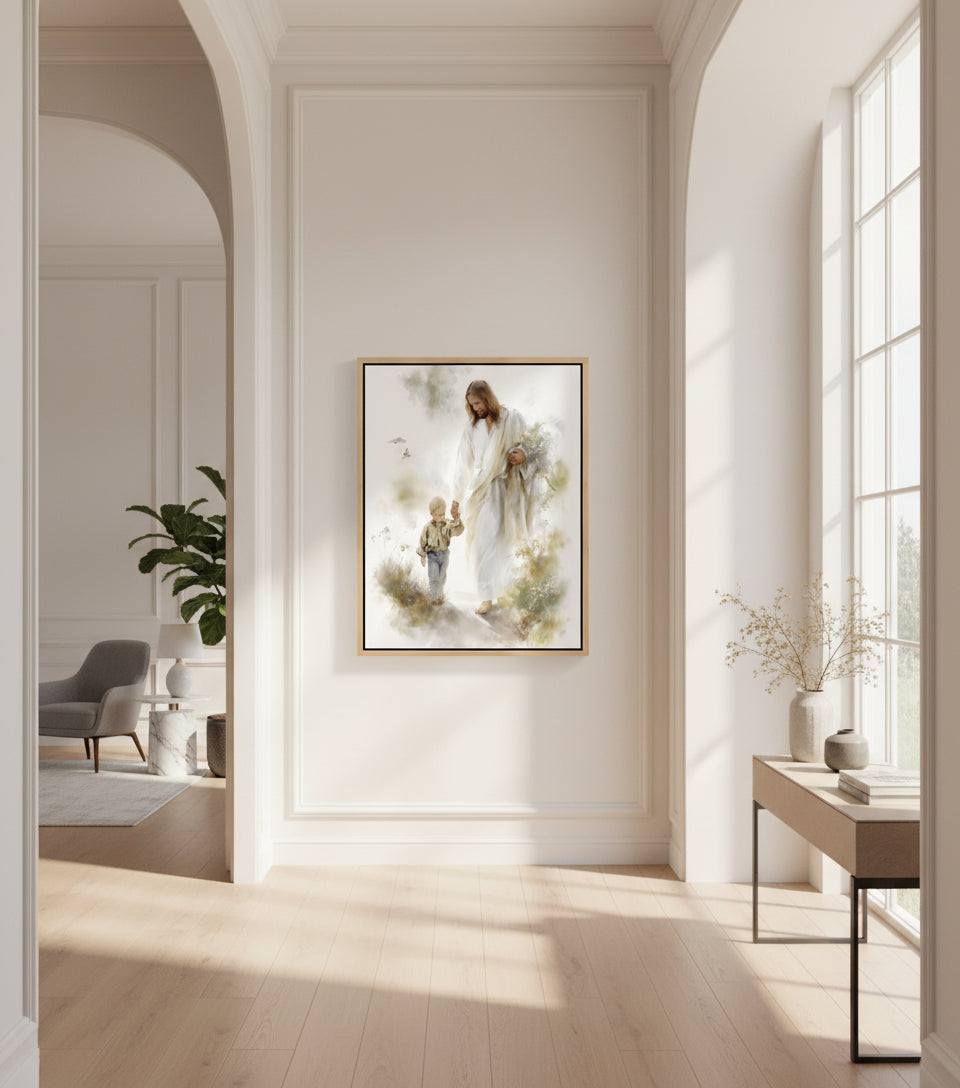 Jesus in White Robe Holding a Boy’s Hand – Christian Wall Art