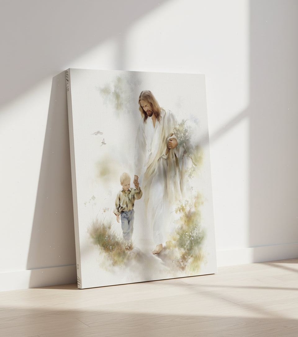 Jesus in White Robe Holding a Boy’s Hand – Christian Wall Art