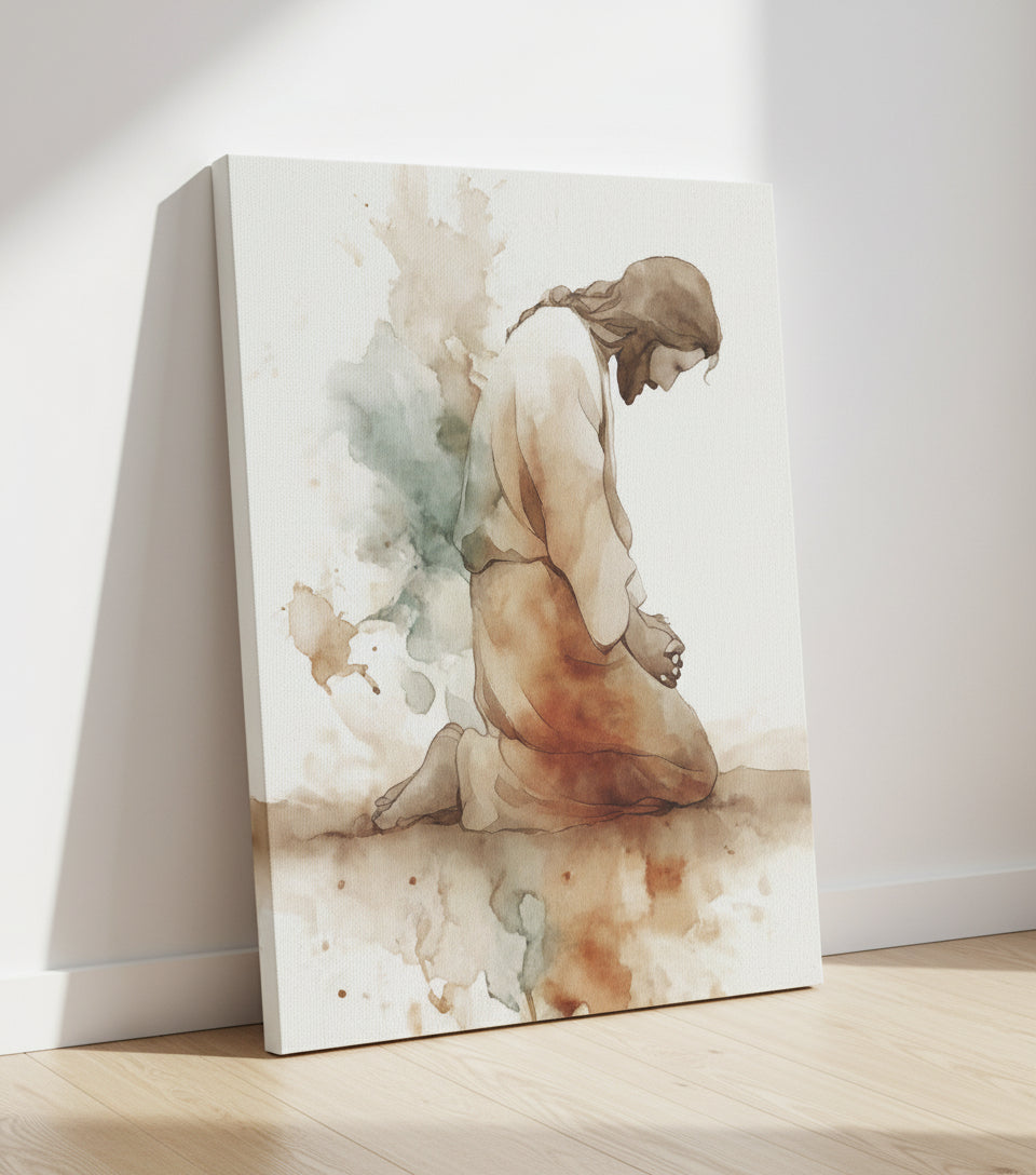 Watercolor Jesus Praying – faithfulprints Kneeling Prayer Art
