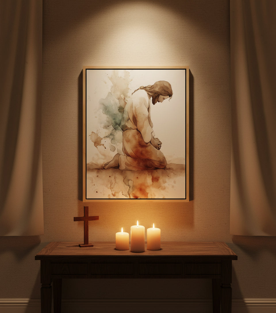 Watercolor Jesus Praying – faithfulprints Kneeling Prayer Art