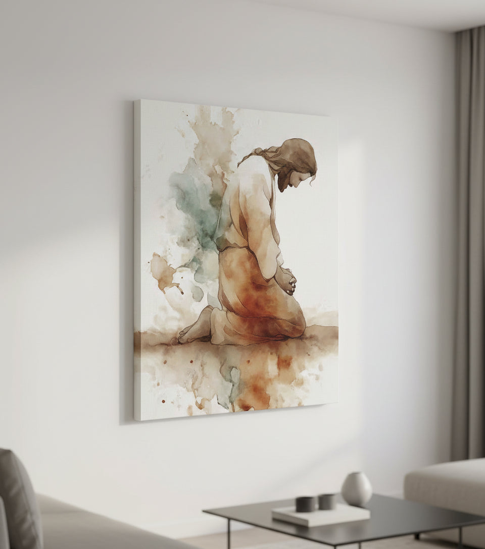 Watercolor Jesus Praying – faithfulprints Kneeling Prayer Art